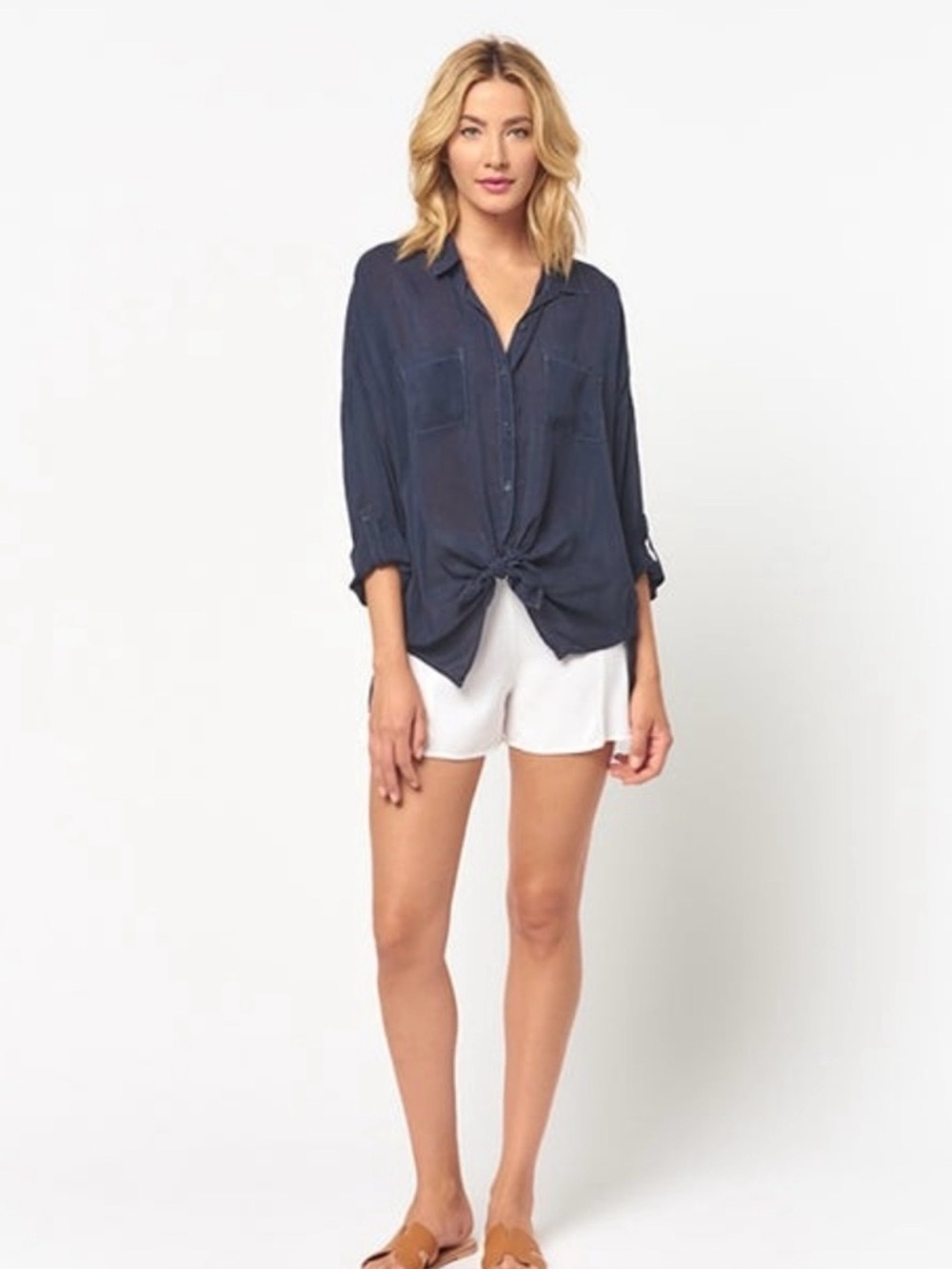 Maven West Navy Button-Down Tie Front Shirt